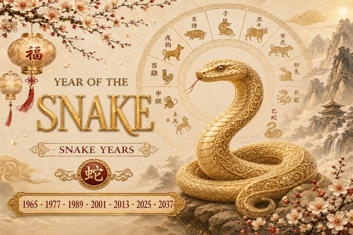Golden snake zodiac illustration with lanterns, blossoms, and Snake years 1965–2037.