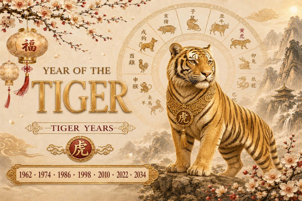 Golden tiger zodiac illustration with lanterns, blossoms, and Tiger years 1962–2034.