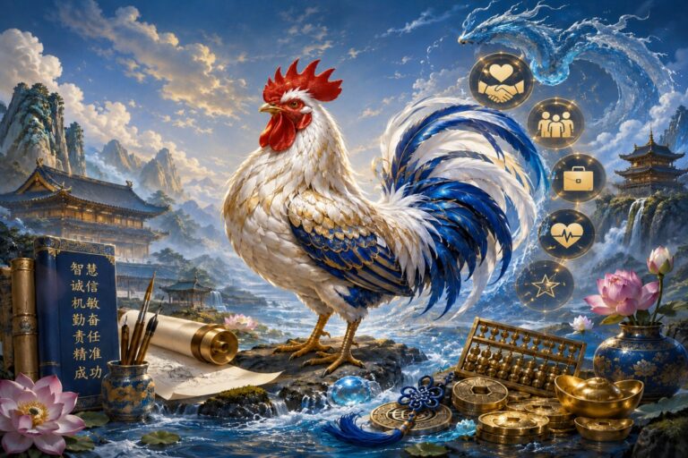 A proud Water Rooster surrounded by symbols of wisdom, wealth, career, and relationships.