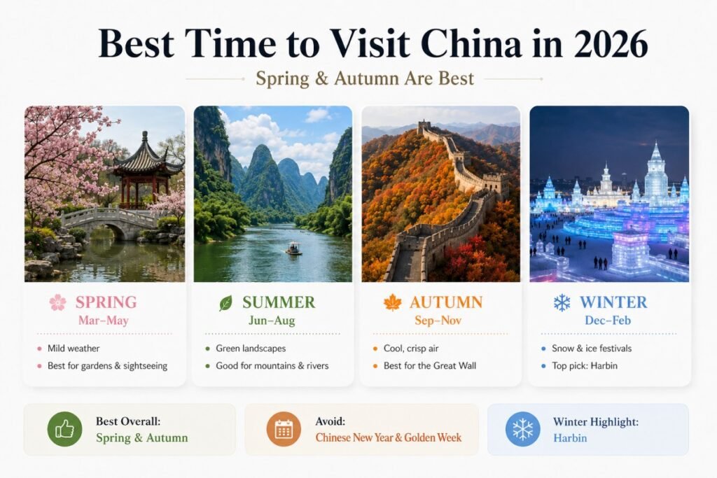 季節性指南，展示中國春季、夏季、秋季和冬季的旅遊亮點。