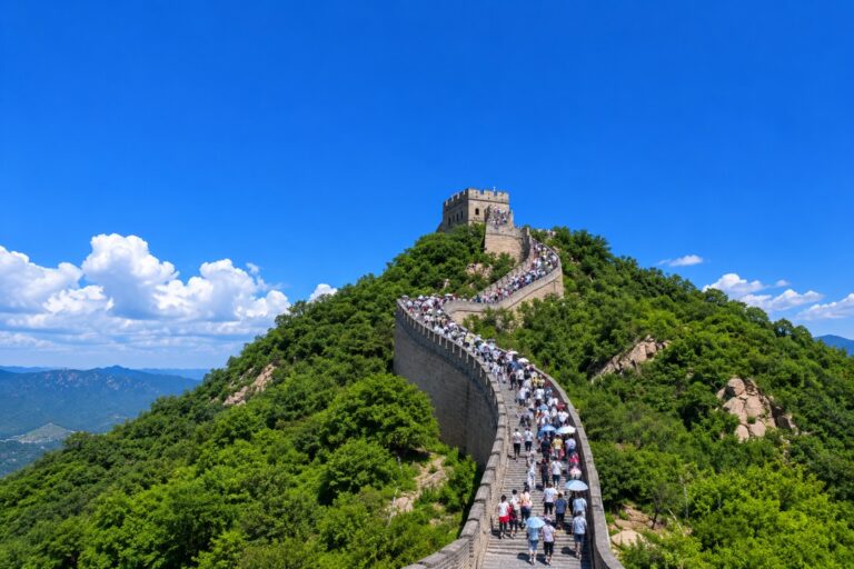 Visitors walking along the Great Wall under a clear blue sky in summer.