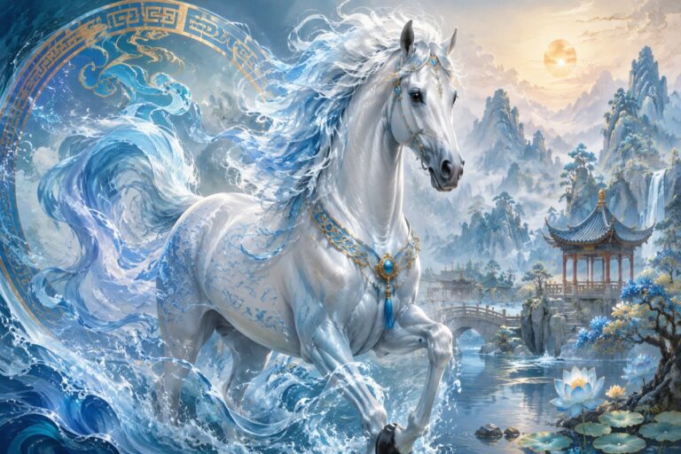 A graceful white water horse emerging from waves in a tranquil Chinese mountain landscape.