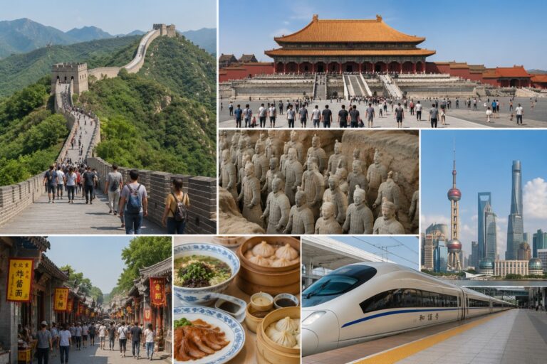 Great Wall, Forbidden City, Terracotta Warriors, Shanghai skyline, local food, and high-speed rail travel in China.