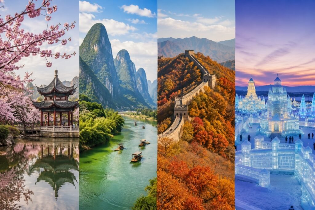 四聯拼貼畫，分別展現了春天的花朵、夏天的喀斯特地形、秋天的長城和冬天的哈爾濱冰雪節。