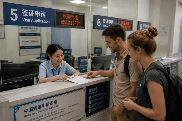 Travelers submitting documents at a China visa application center with staff assistance.