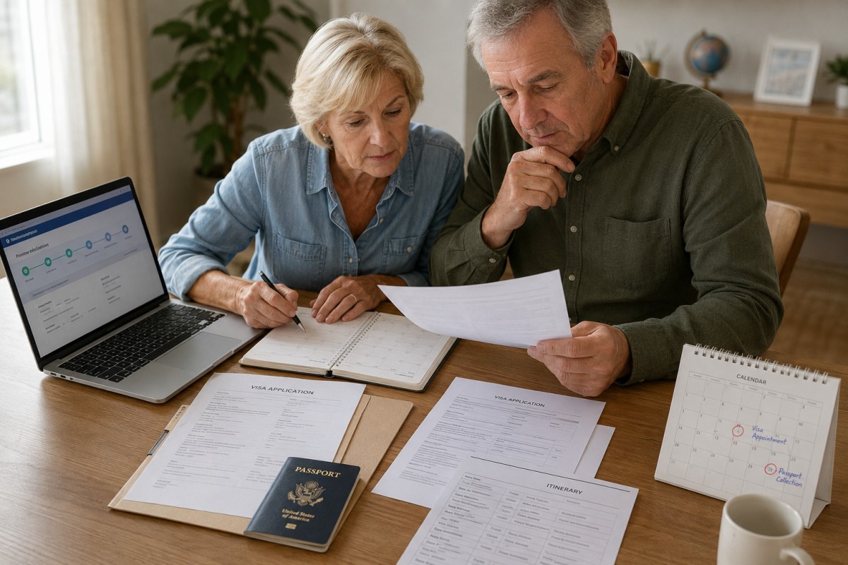Travelers preparing documents for a first trip to China