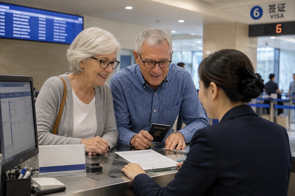 Senior travelers submitting passport and visa documents at a China visa service center.