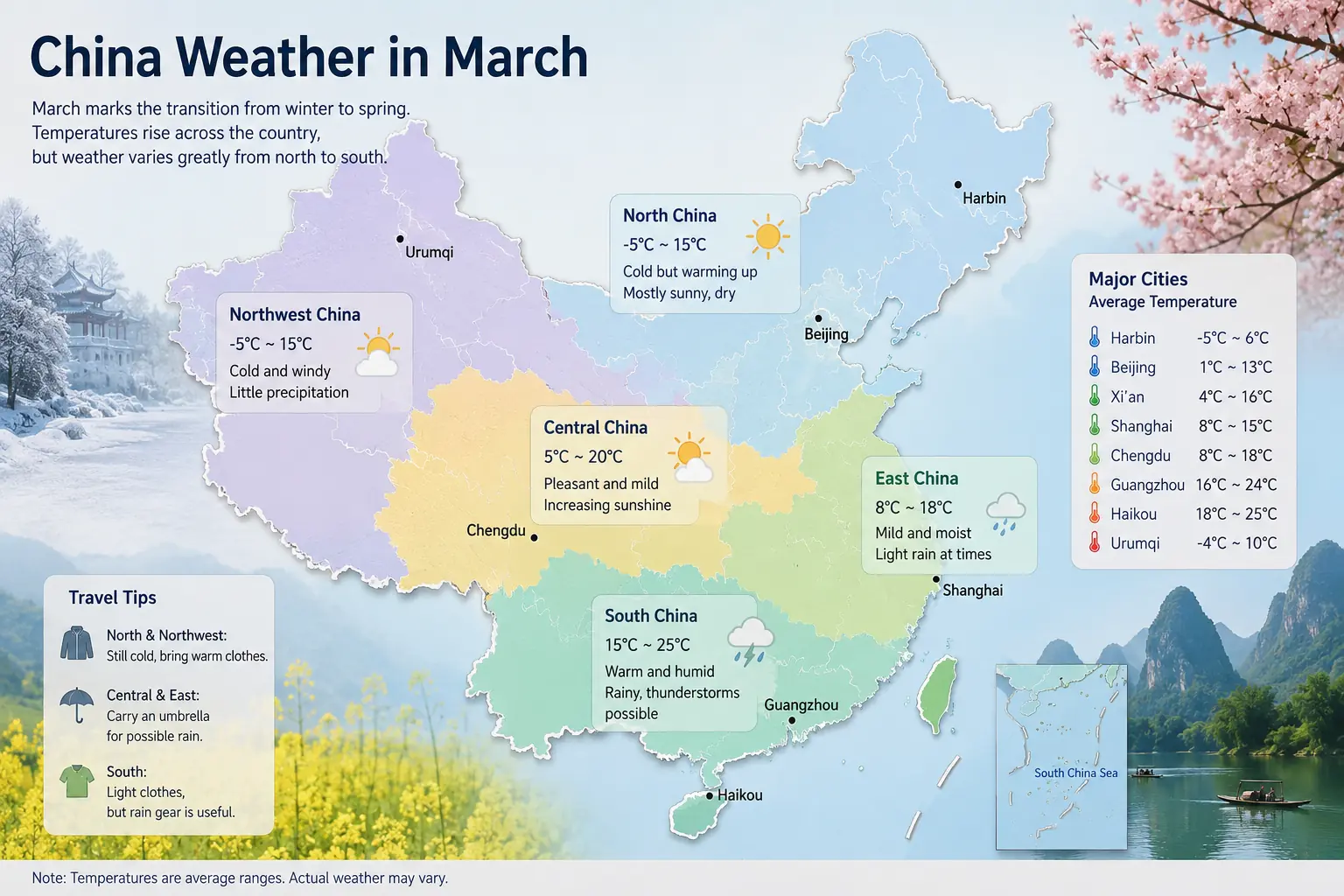 China weather in March map showing average temperatures, regional climate, and travel conditions across North, Central, East, West, and South China.