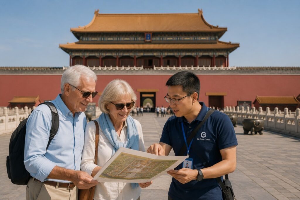 Local guide explaining the Forbidden City map to senior travelers before their cultural tour.
