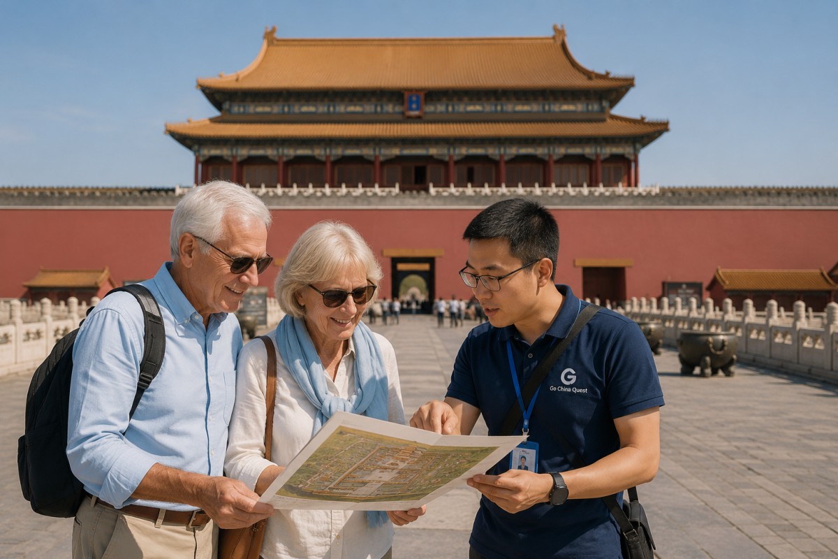 Local guide explaining the Forbidden City map to senior travelers before their cultural tour.