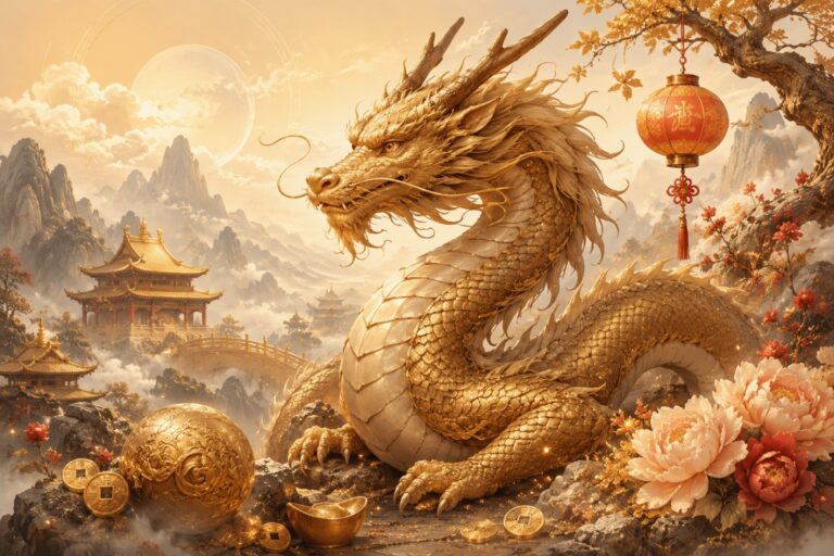 A golden Chinese dragon with lanterns, coins, mountains, and peonies in a festive fantasy scene.