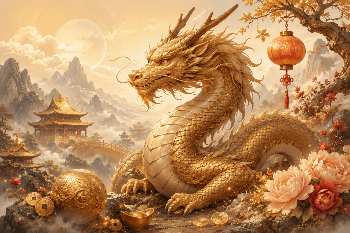 A golden Chinese dragon with lanterns, coins, mountains, and peonies in a festive fantasy scene.