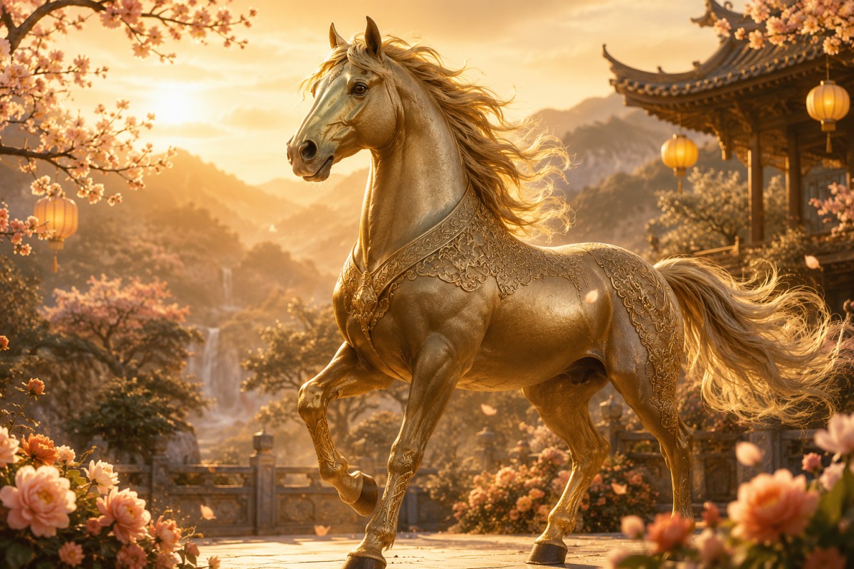 Golden horse statue in a traditional Chinese garden with flowers and a temple, warm sunlight.
