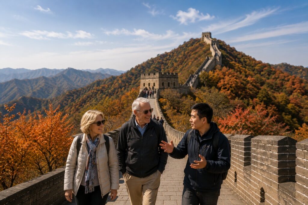 Senior travelers enjoy an autumn walk on the Great Wall with a local guide sharing stories and history.
