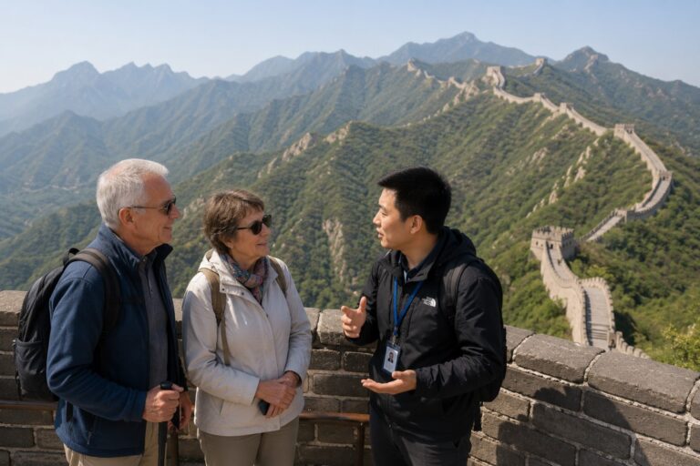 Senior travelers exploring the Great Wall with a local guide while enjoying panoramic mountain views.
