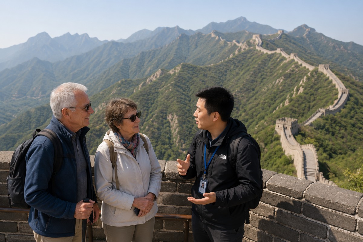 Senior travelers exploring the Great Wall with a local guide while enjoying panoramic mountain views.
