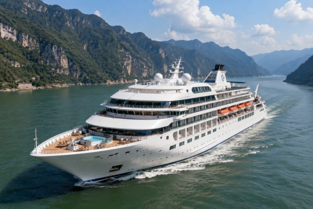 Luxury cruise ship sailing through the scenic Three Gorges on the Yangtze River in China.