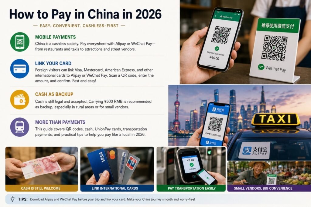 在中國，有人使用手機上的微信支付和支付寶，展示無現金行動支付選項以及給國際旅行者的建議。
