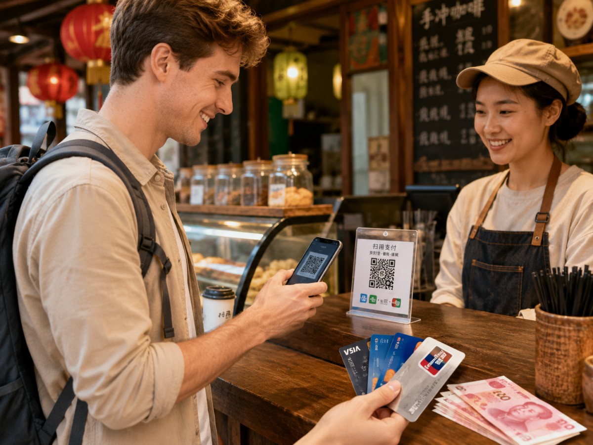 Traveler using mobile payments such as Alipay and WeChat Pay in China