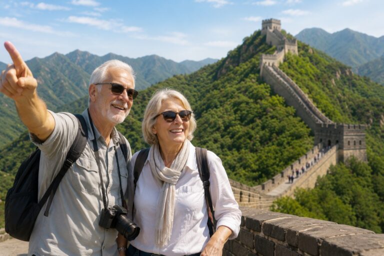 A smiling senior couple enjoying scenic views along the Great Wall of China.