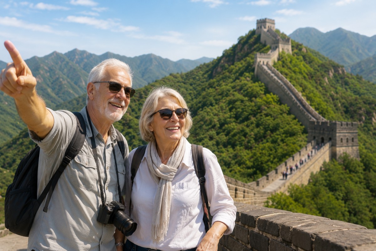 A smiling senior couple enjoying scenic views along the Great Wall of China.