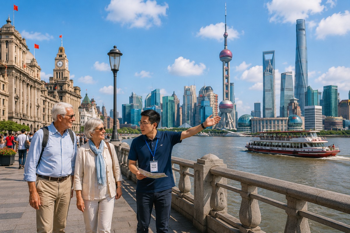 Local guide introducing the Shanghai skyline to senior travelers during a private Bund walking tour.