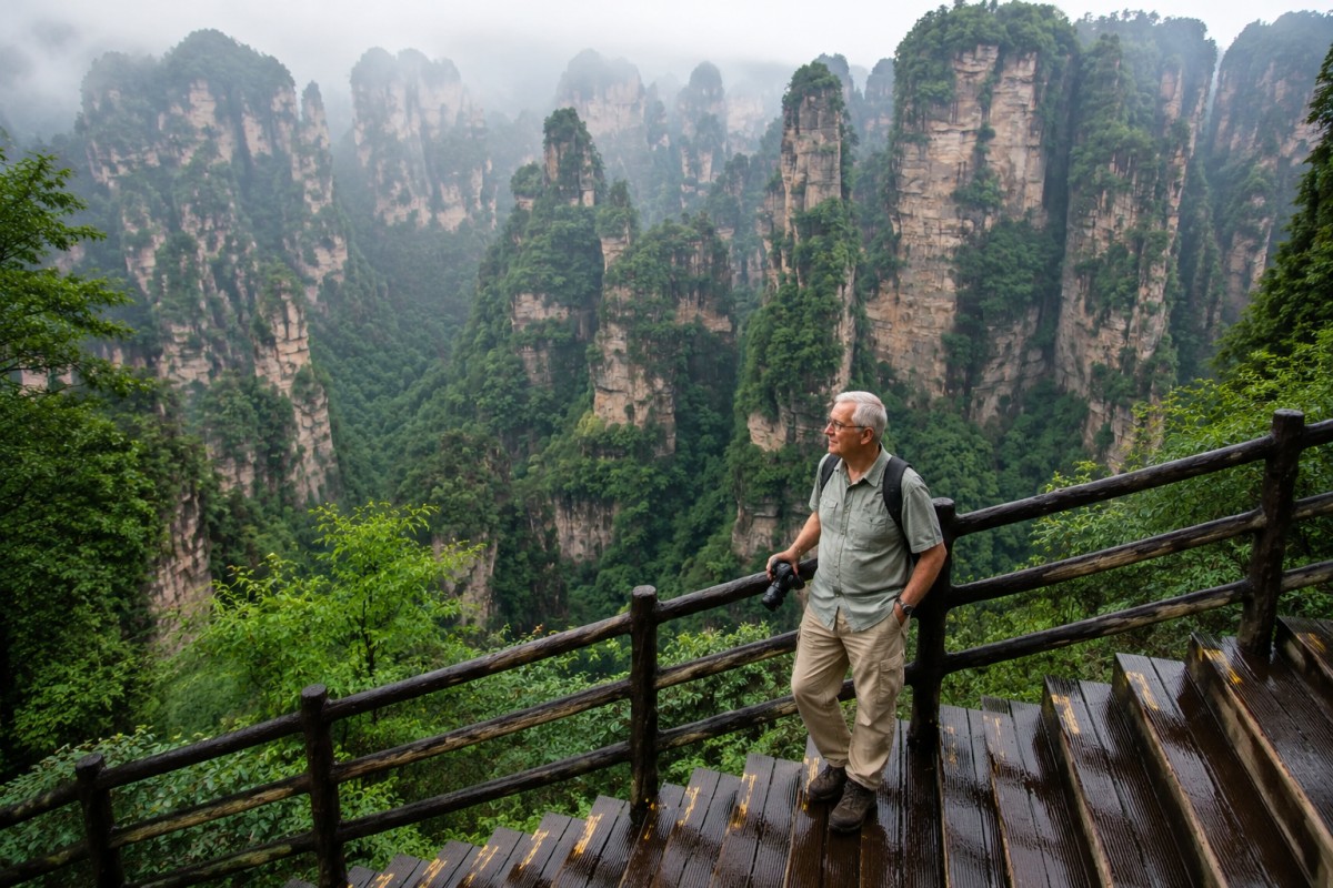 Traveler overlooking sandstone cliffs in Zhangjiajie National Forest Park