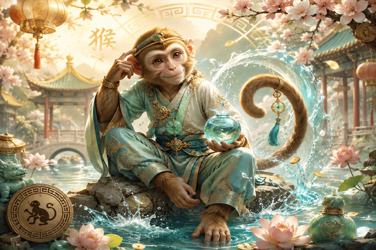 Water Monkey holding a crystal orb in a lotus-filled Chinese garden with flowing water and prosperity symbols.
