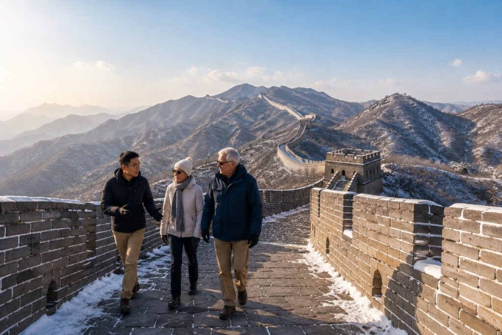 Travelers exploring the snow-covered Great Wall with a local guide on a clear winter day.