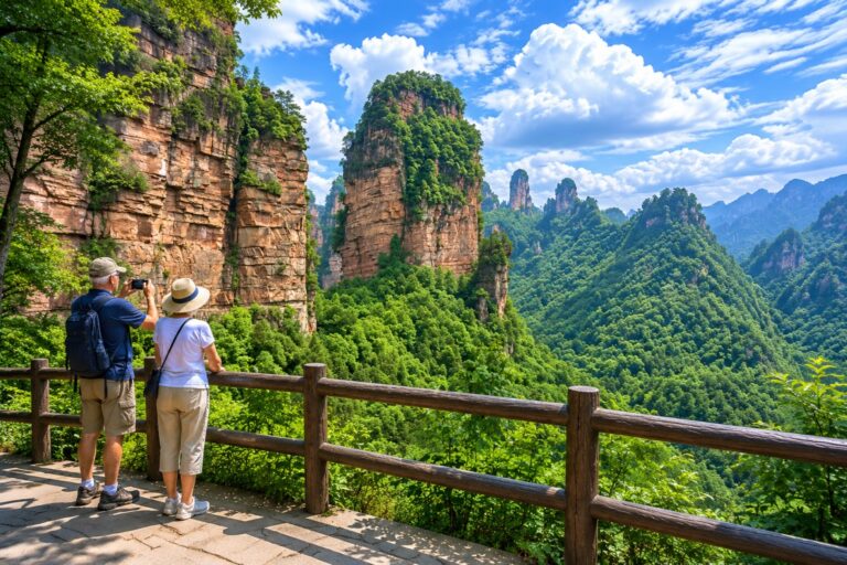 Tourists photographing Zhangjiajie’s sandstone peaks and lush green valleys from a scenic viewpoint.