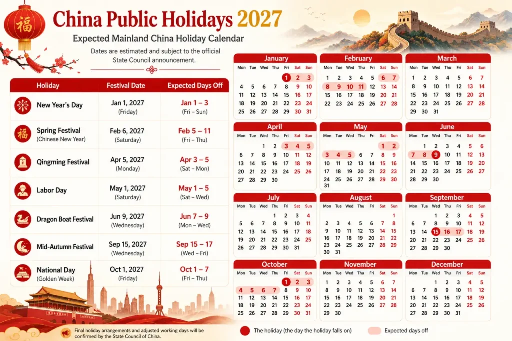 China Public Holidays 2027 calendar with Chinese holidays and expected days off