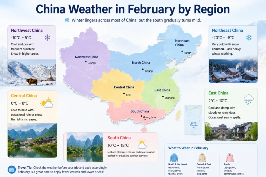 Map showing China weather in February by region with average temperatures, climate conditions, and winter travel information across North, Northeast, East, Central, South, and Northwest China.