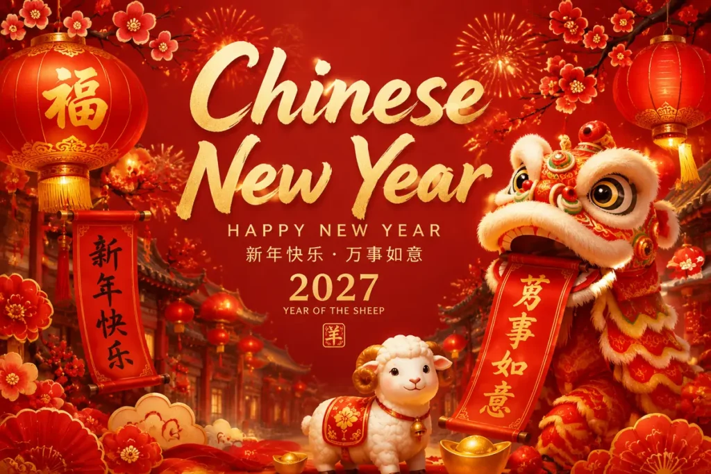 Chinese New Year 2027 celebration with lanterns, lion dance, and Year of the Sheep decorations