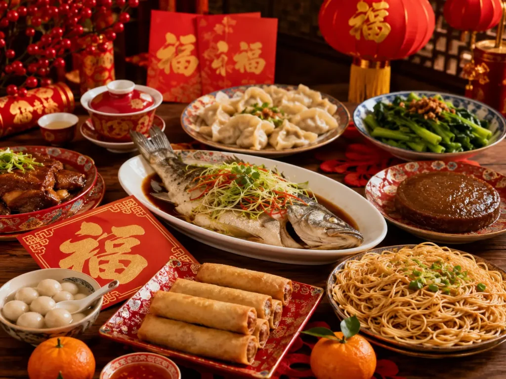 Traditional Chinese New Year reunion dinner featuring steamed whole fish, dumplings, spring rolls, longevity noodles, tangyuan, vegetables, and festive red decorations.