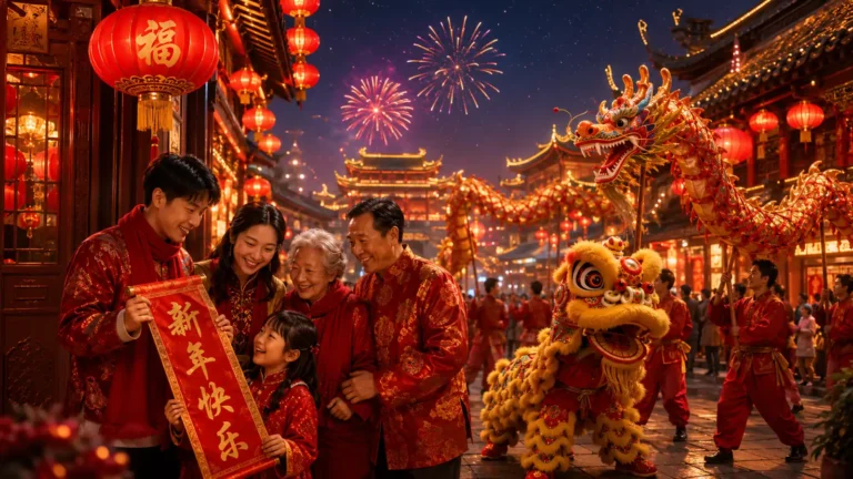 Chinese New Year in China celebration with traditional Chinese architecture, red lanterns, festive decorations, and crowds celebrating the Spring Festival.