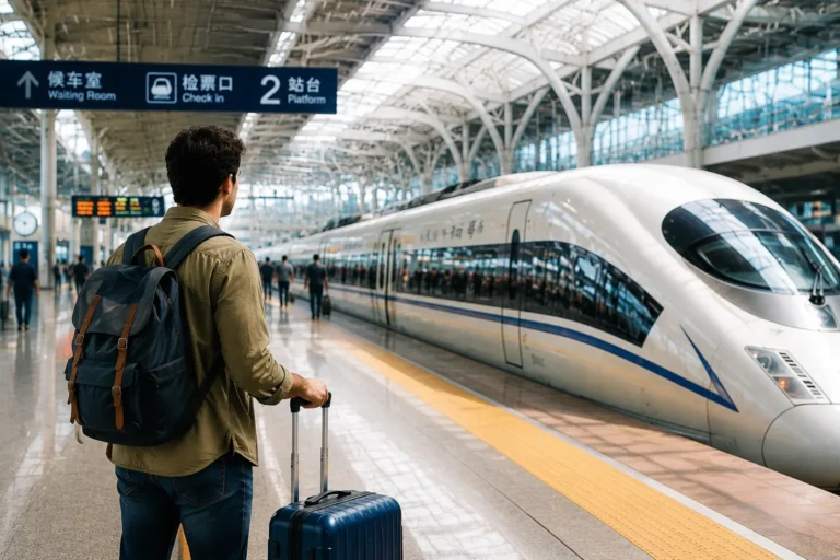 Foreign traveler with luggage waiting beside a China high-speed train at a modern railway station platform.