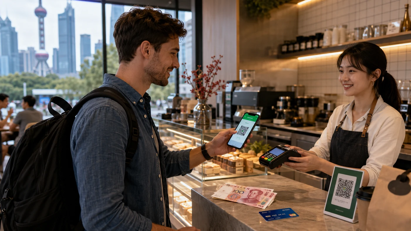 Foreign traveler paying at a café in China using a mobile QR code, bank card, and Chinese yuan cash.