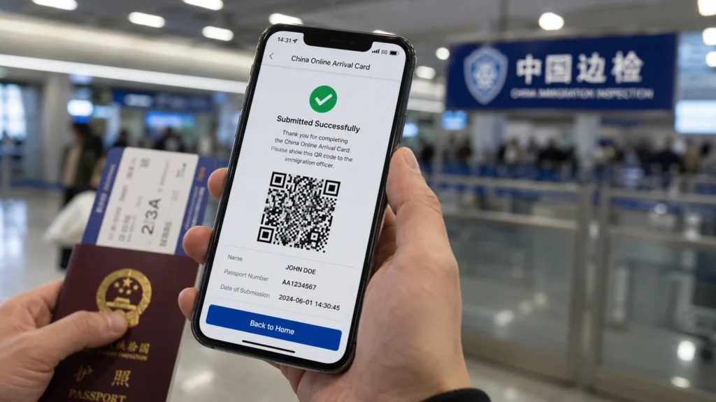 China Online Arrival Card submission confirmation with QR code