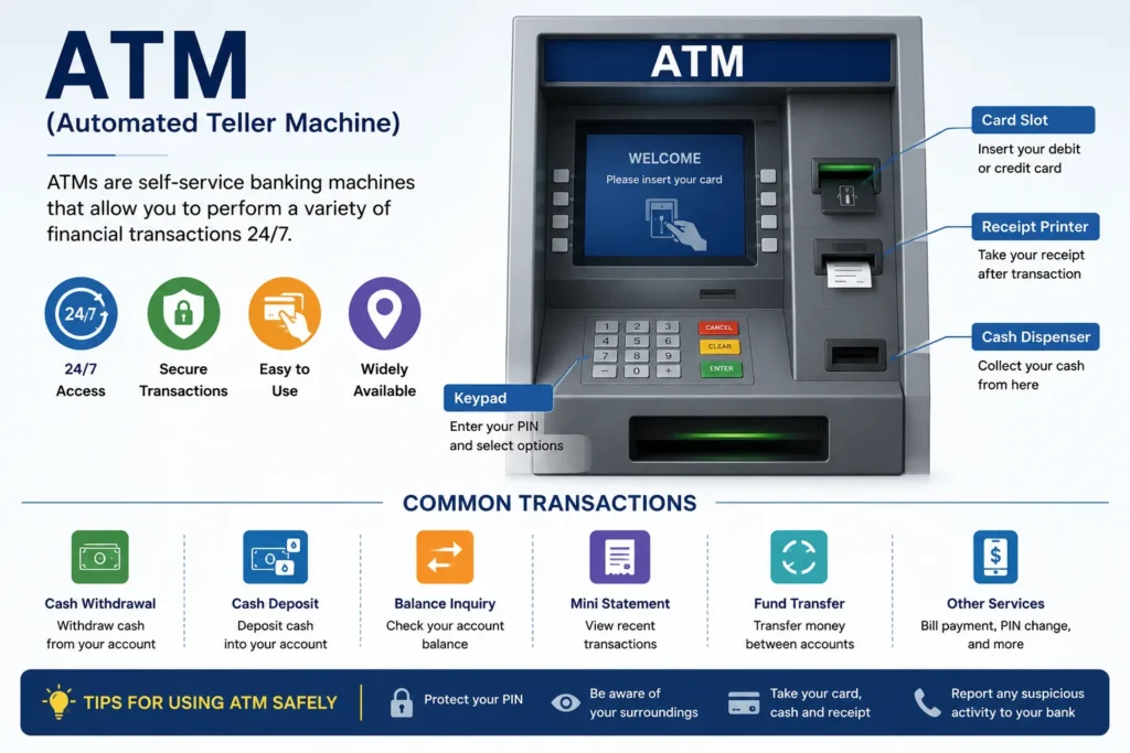 A foreign visitor withdrawing Chinese yuan from an ATM in China using an international Visa or Mastercard bank card.