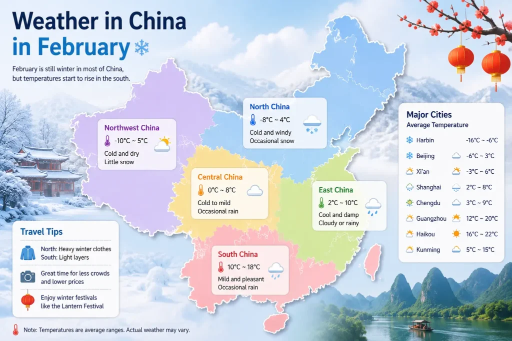 Illustrated map of weather in China in February showing average temperatures, regional climate, winter conditions, and travel tips across China.