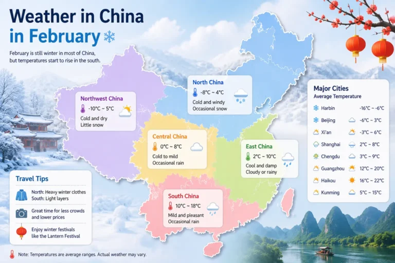 Illustrated map of weather in China in February showing average temperatures, regional climate, winter conditions, and travel tips across China.