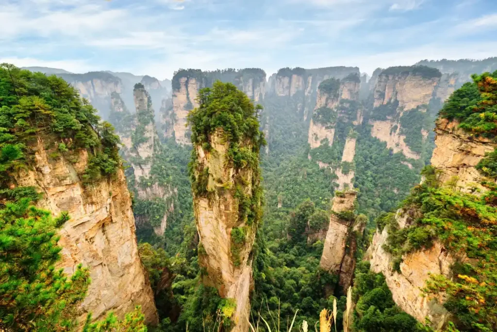 Towering sandstone pillars in Yuanjiajie Scenic Area of Zhangjiajie National Forest Park, Hunan, China