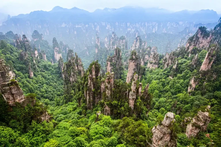 Zhangjiajie National Forest Park sandstone pillars and forested peaks in Hunan, China