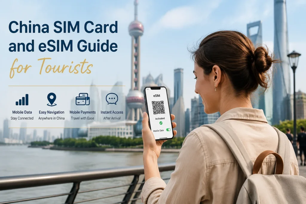 Foreign traveler using a China eSIM and smartphone while traveling in China