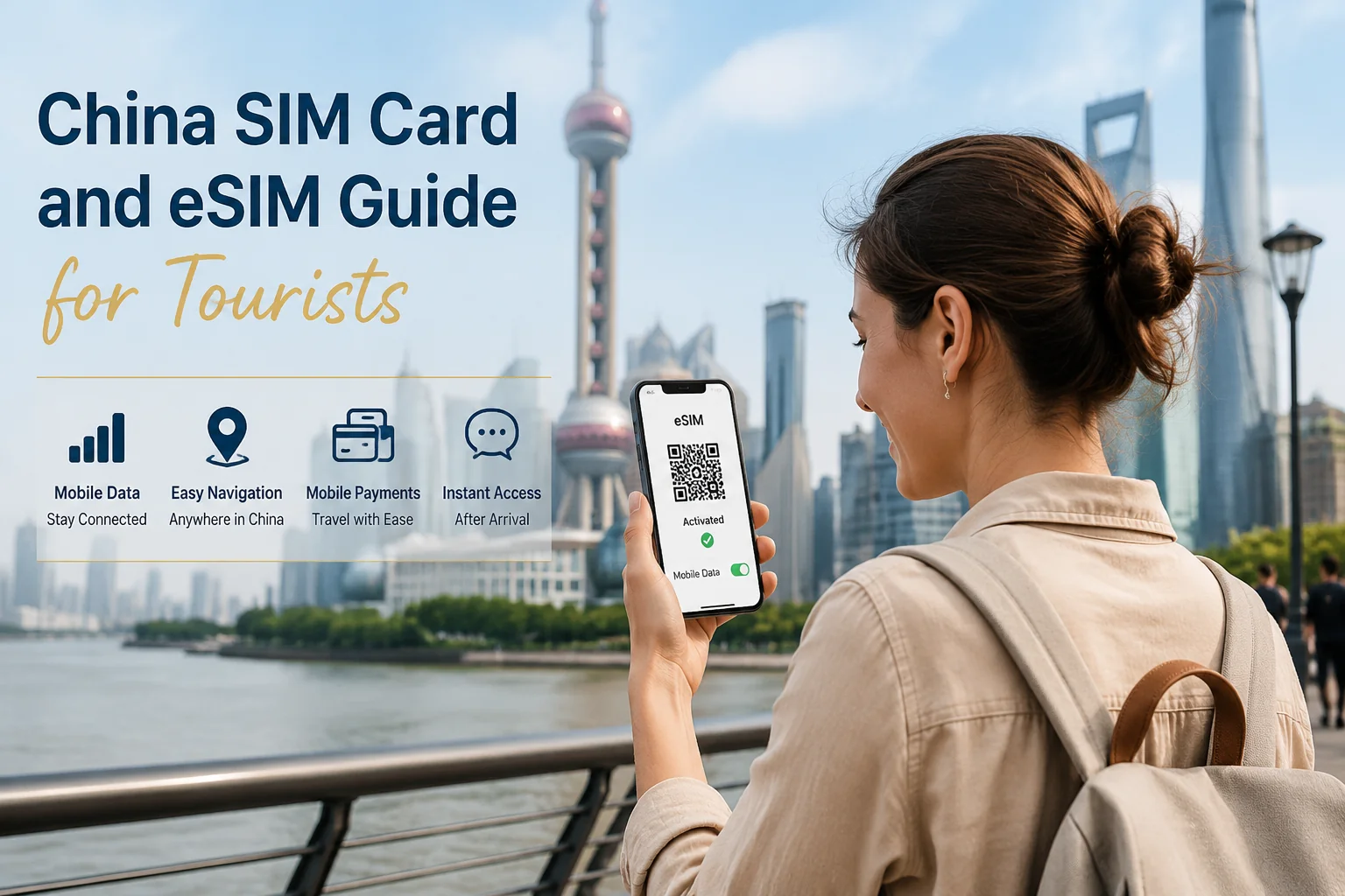 Foreign traveler using a China eSIM and smartphone while traveling in China