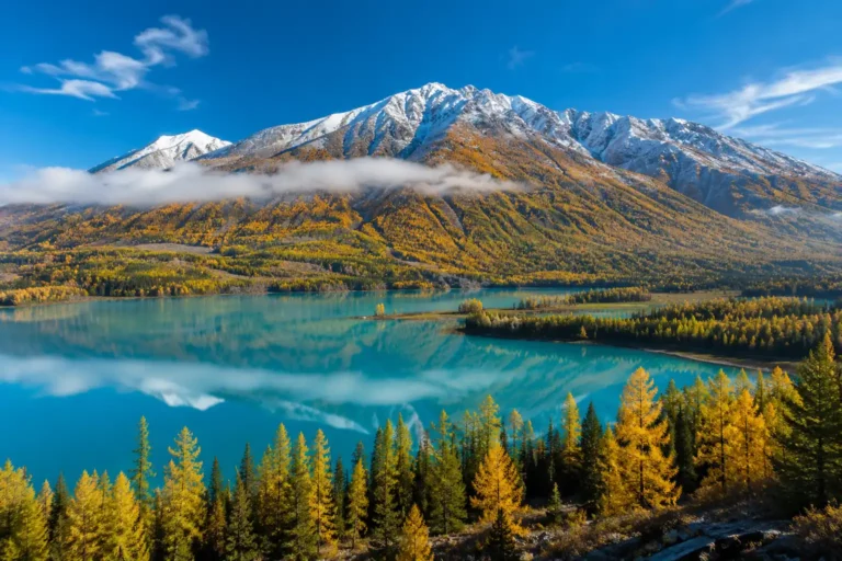 Panoramic view of Kanas Lake in Northern Xinjiang, featuring crystal-clear turquoise water, snow-capped mountains, golden autumn forests, and stunning reflections under a blue sky.