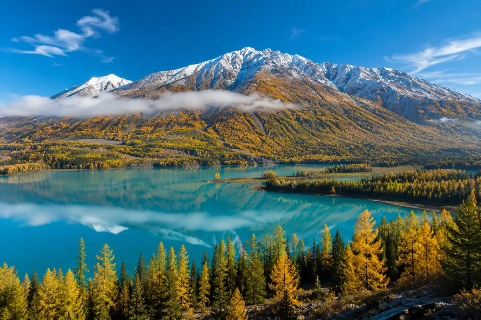 Panoramic view of Kanas Lake in Northern Xinjiang, featuring crystal-clear turquoise water, snow-capped mountains, golden autumn forests, and stunning reflections under a blue sky.