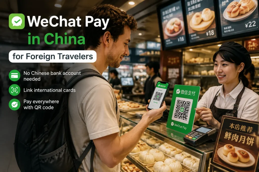Foreign traveler using WeChat Pay QR code payment in China