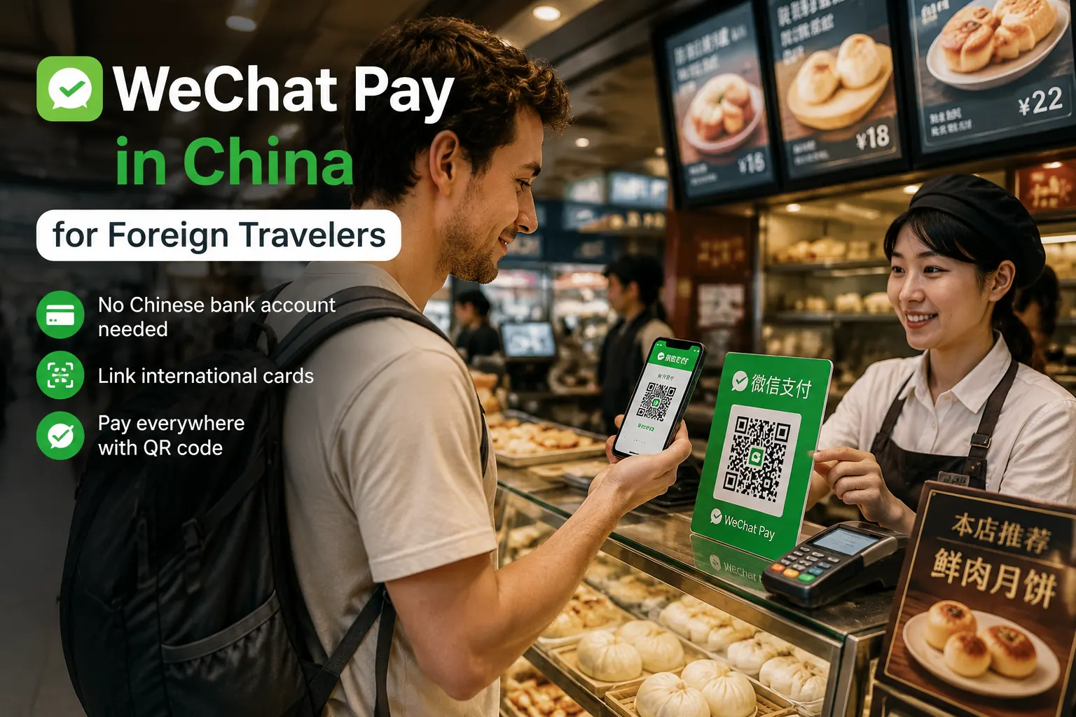 Foreign traveler using WeChat Pay QR code payment in China
