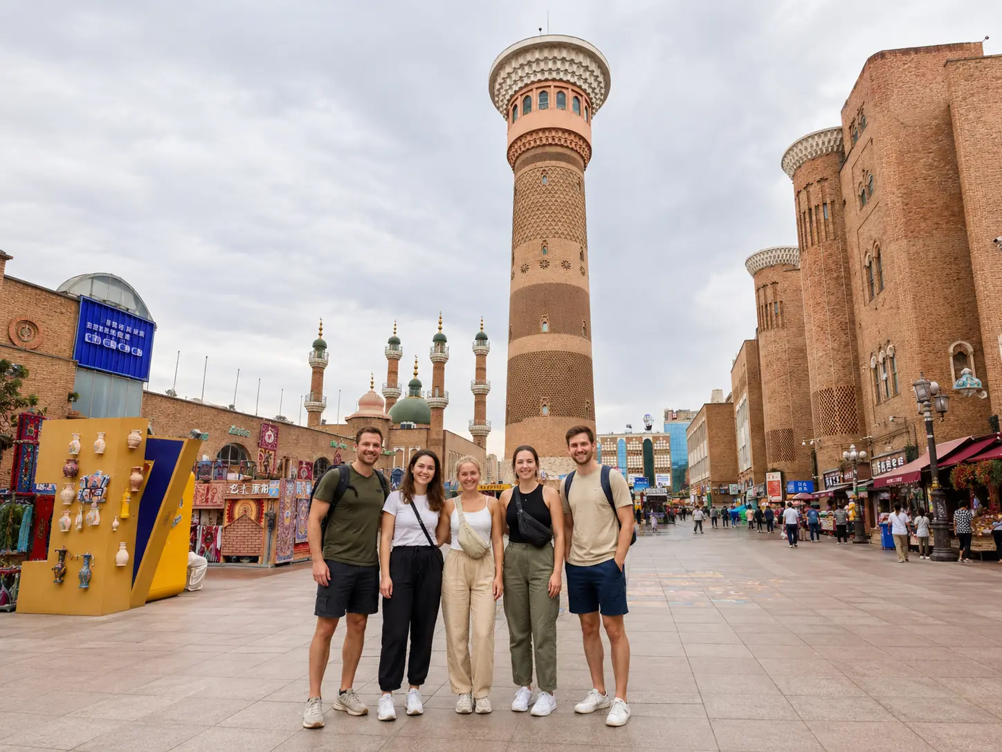 Travelers visiting a traditional bazaar in Xinjiang